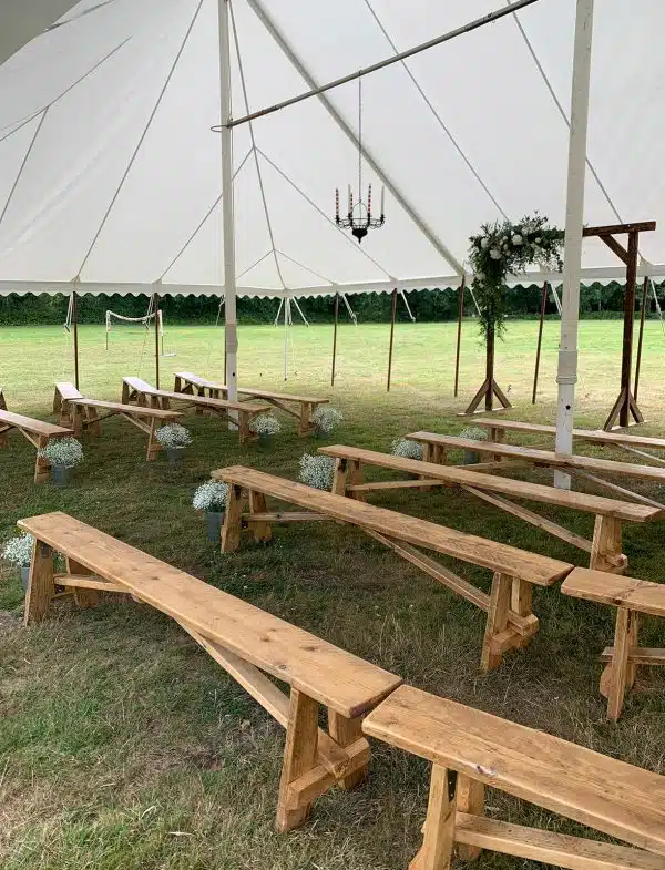 Wooden benches wedding ceremony seating to hire