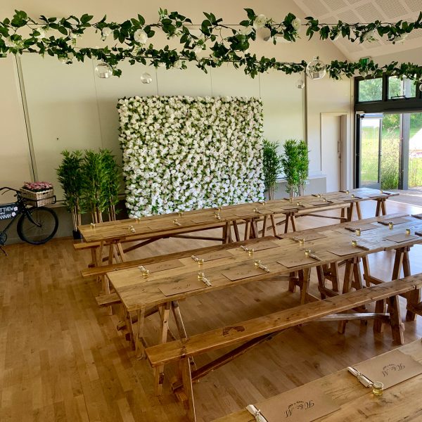 Wooden tables and benches to hire in Dorset